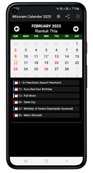 Mizoram Calendar 2025