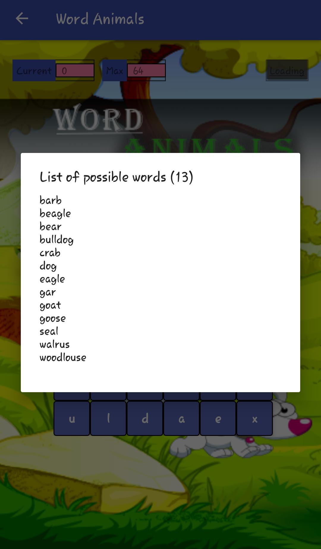 Word search for animals